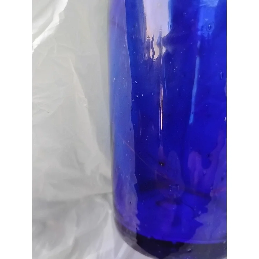 Handblown Glass Tumbler Vase Bubble Swirl Cobalt Blue Rocks Metallic Rim 5